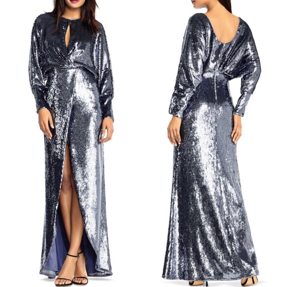 NEW W TAG AIDAN MATTOX Sequin Blouson-Bodice Gown With Draped Back Silver Lake - Picture 1 of 3